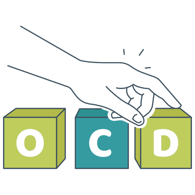 Illustration of a hand aligning blocks spelling OCD