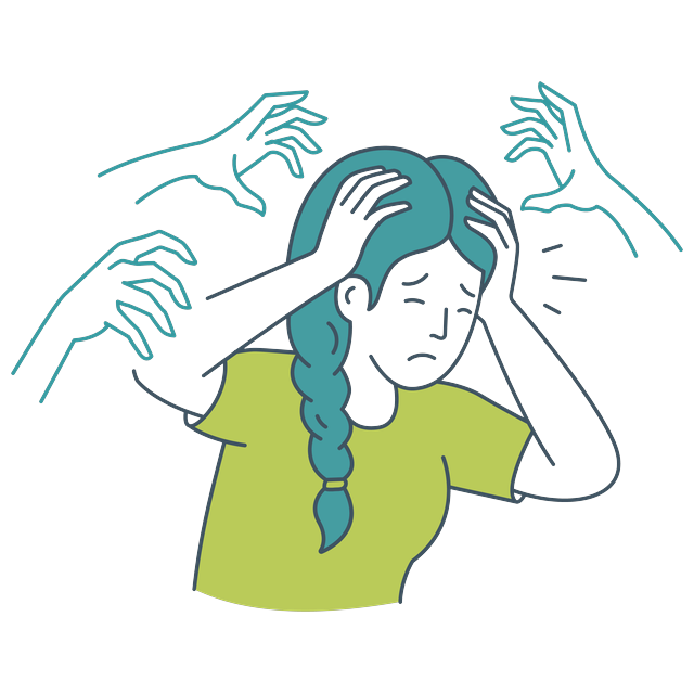Illustration of a person surrounded by reaching hands representing PTSD
